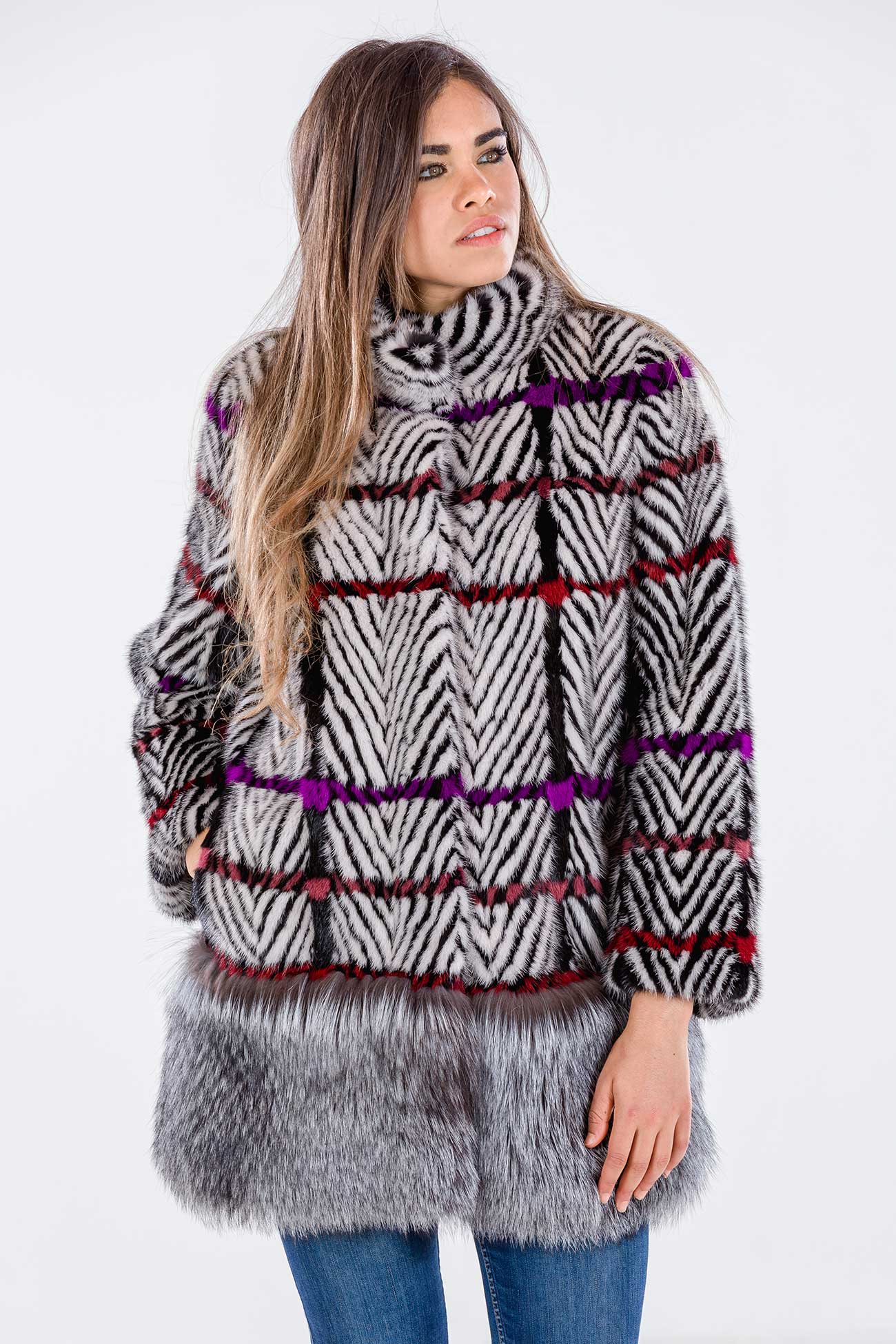 Geometric mink coat with fox