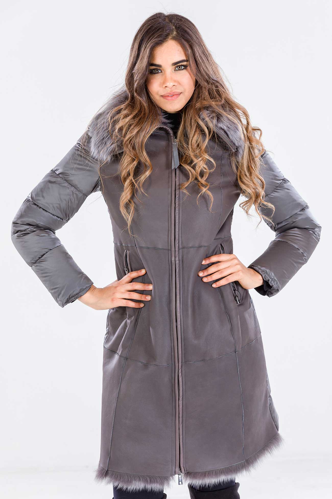 Shearling and down coat with zip