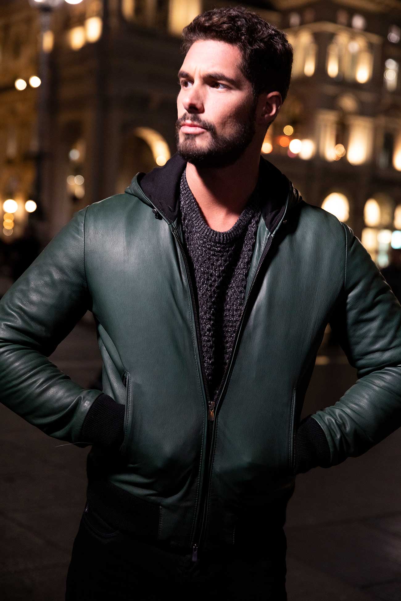 Hooded Green leather jacket